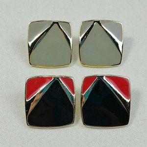 2 Pairs of Vintage Enamel Gold Tone Post Stud Earrings Black Red Gray